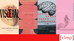 A red and white graphic featuring 4 book covers from CLMP's reading list of books launching in October 2026.