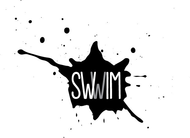 Swwim logo with white text in a black ink splatter